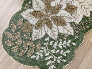 Handmade Luxury Eco-Friendly Christmas Fabric Table <b>Runner</b> <b>Green</b> Cream Embroidered Poinsettia Design Customized Shape Mats Pads - Product Image 3
