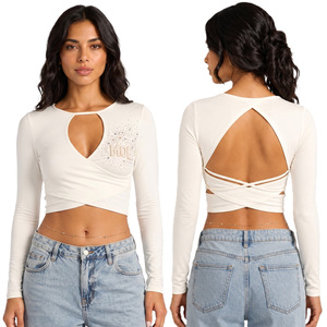 New Trendy <b>Rhinestone</b> Motif women's shirt Front Cut-Out White Long Sleeve Crop <b>Top</b> Back Criss-Cross Customized Cotton Blouse DTG - Product Image 1