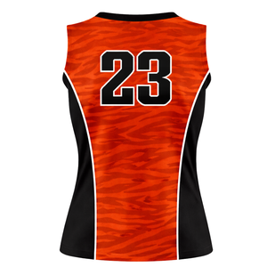 Maillot de softball sans manches à sublimation intégrale, imprimé animalier orange et noir, uniforme d'équipe personnalisé avec numéro au dos - Product Image 3