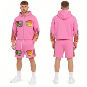 Ensemble de survêtement décontracté 2 pièces pour homme, rose, en coton, avec sweat à capuche imprimé graphique et strass, et short assorti, style streetwear - Product Image 1