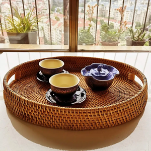 Woven Food Storage Platter for Fruits Bread Snacks Multipurpose Coffee <b>Table</b> Serving <b>Basket</b> Ottoman Tray - Product Image 1