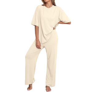 Conjuntos de Mujer, Cómodos, de 2 Piezas, Conjunto de Verano, Holgado, Informal, de Color Sólido, Camiseta de Cuello Redondo y Manga Corta, Tejido Elástico de Punto, con Logotipo - Product Image 6