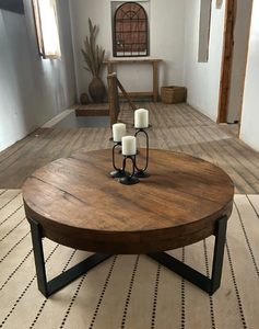 Mesa de Centro Contemporánea Redonda de Madera Maciza y Metal |   Mesa Auxiliar Multifuncional para Sala de Estar, Muebles para el Hogar - Product Image 2