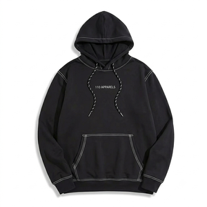 Custom Logo OEM Men Black <b>Hoodie</b> Embroidered Washed Contrast <b>Stitching</b> Fleece Pullover Streetwear Heavyweight <b>Oversized</b> Supplier - Product Image 3