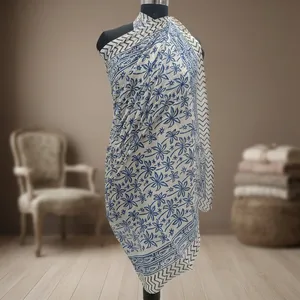 Blue Floral Hand Block Printed Cotton <b>Sarong</b> Scarf with Chevron Border Lightweight Beach Wrap Stole for Women - Product Image 5