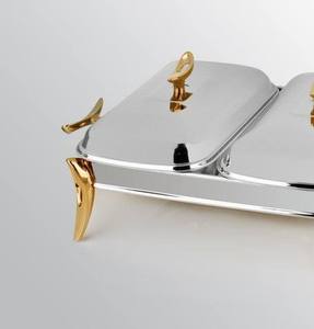Wholesale Luxury Twin Compartment Stainless Steel Chafing Dish Double <b>Pan</b> Buffet Food Warmer Catering Serving Station Gold Accen - Product Image 4