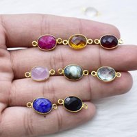 Connecteur de bijoux ovale en quartz péridot 8x10mm, plaqué or, double boucle, breloque en pierre précieuse