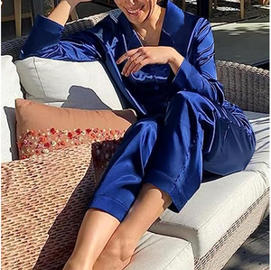 Full Sleeve Satin Pajama Set Turn <b>Down</b> Collar Button Front Full Length <b>Pants</b> Relaxed Fit - Product Image 4