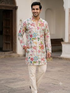 NOIIR PIGEON Kurta Tradicional de Algodón Grueso para Hombre, Corte Holgado, Sin Arrugas, Estampado Posicional, Bordado con Hilo Dorado y Lentejuelas - Product Image 1
