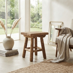 Taburete Pequeño de Madera de Teca Maciza de Grado Alimenticio, Asiento de Madera Rústico Hecho a Mano, Decoración Minimalista para el Hogar, Acabado Natural, Mueble Resistente - Product Image 4