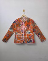 Jaket Rajut Tangan Bernapas Motif Bunga Oranye Batik Berlapis dengan Patchwork Cetak Jaipuri 100% Katun Gaya Bohemian