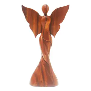 Escultura de madera de suar marrón con temática de ángeles de Bali, adorno decorativo romántico para el hogar u oficina moderna y minimalista. - Product Image 1