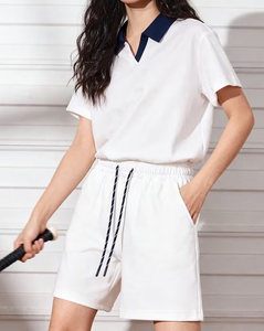 Womens White 2Piece Shorts Set Short Sleeve Polo Collar Loose Fit Casual Solid Color Breathable Oxford Cotton Spring Summer Wea - Product Image 3