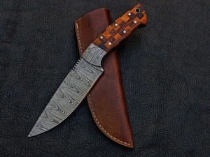 Couteau utilitaire à lame fixe de qualité supérieure, motif Damas, fait main, manche en bois dur mosaïque, lame pleine longueur, étui en cuir, pour le camping en extérieur, OEM - Product Image 1