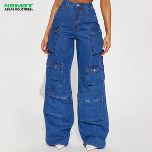NAIMATR ABBAS INDUSTRIES Pantalon cargo en jean taille haute pour femme, coupe ample, longueur intégrale, bleu délavé moyen - Product Image 1