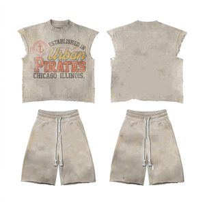 260 GSM French Terry Cotton Green Sleeveless <b>T</b> Shirt And Shorts Set Puff Print DTG Custom Logo Sleeveless shirt and Shorts Set - Product Image 3