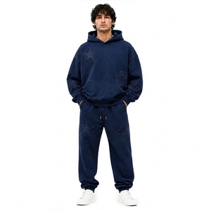 Men 2 Piece Hip Hop Tracksuit Set Oversized Hoodie Jogger Star Cross Patch Fleece Custom OEM Wholesale Manufacturer - Product Image 2