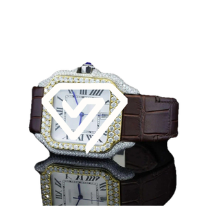 Montre carrée pour homme, aspect diamant moissanite, chiffres romains, cadran blanc, bracelet en cuir marron, montre automatique de luxe - Product Image 2