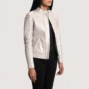 Flashback <b>Silver</b> Quilted Leather Motorcycle Biker <b>Jacket</b> Breathable Windproof Knitted Zipper Closure Stand Collar Solid Color - Product Image 3
