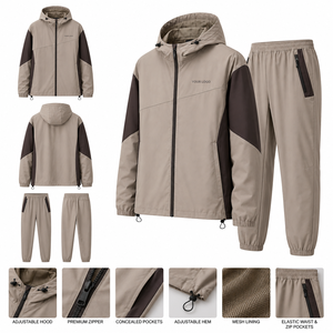 Unisex Breathable <b>Hooded</b> Tracksuit Full Sleeve Color Blocking Polyester Jogging Suit With <b>Zip</b> Pockets And Adjustable Hood - Product Image 1