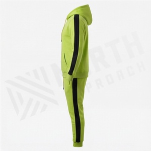 Men's Lime Green Hooded <b>Tracksuit</b> Full Sleeve Solid Color Casual Sportswear With Side Pockets Drawstring Closure - Product Image 3