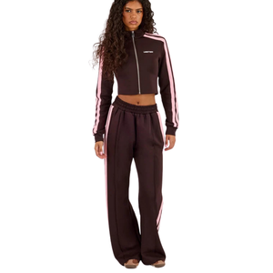 Womens Cropped Full <b>Zip</b> Hoodie Tracksuit Set <b>Side</b> Stripe Wide Leg <b>Trousers</b> Drawstring Waist Two Piece Casual Street Style Outfit - Product Image 1