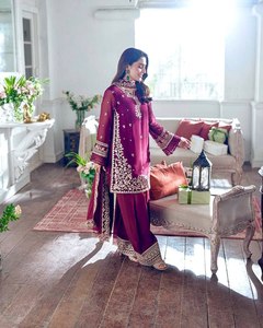 <b>Wedding</b> Party Wear Pure French Crape Heavy Sequence Embroidery & Cut Work Top and Palazzo With Sequence Embroidery Lace Dupatta - Product Image 2