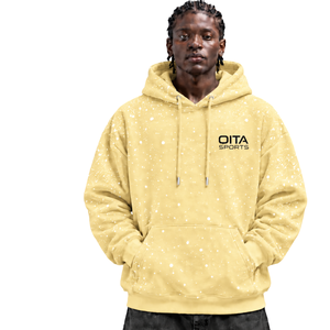 Yellow Yellow <b>White</b> Print <b>Men</b> Hoodie Casual Pullover Fleece <b>Sweatshirt</b> Drawstring Hood Kangaroo Pocket Streetwear - Product Image 1