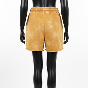 Shorts femme en molleton coton polyester 320 GSM premium, effet délavé doré, avec logo personnalisé par transfert thermique et strass. - Product Image 2