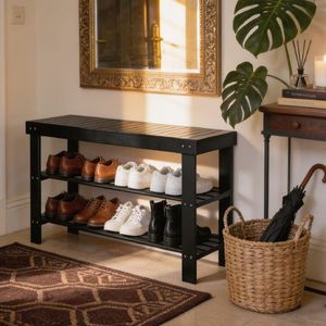 Scarpiera in bambù a 3 livelli, lunga 70 cm, moderna e semplice, in legno massello, nera, per l'organizzazione di mobili domestici - Product Image 1