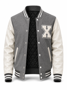 Blouson universitaire unisexe gris en laine avec manches en PU, lettre X brodée sur le devant, col rabattu, patchwork, streetwear d'hiver - Product Image 4