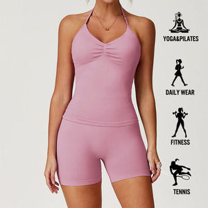 Ensemble de yoga 2 pièces pour femme : débardeur sans couture à épaules dénudées ou à une épaule et short taille haute, respirant et extensible dans les quatre sens - Product Image 6