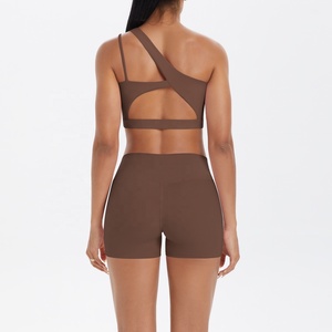 One shoulder yoga set High waist shorts yoga Seamless crop top set Solid color activewear 2 piece yoga outfit - Product Image 4