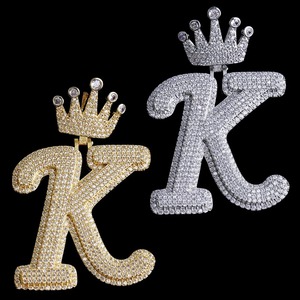 New Men's Crown <b>Letter</b> K Iced Out Rhodium Plated Silver Party Pendant Necklace - Product Image 2