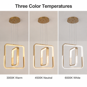 โคมไฟระย้าโลหะทันสมัย ​​ไฟ LED สามสี ปรับความสูงได้ สีทอง สำหรับห้องรับประทานอาหารและห้องนั่งเล่น ขนาด 40 ซม. สี่เหลี่ยม - Product Image 3