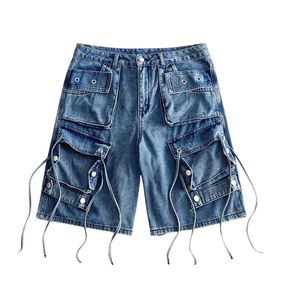 Custom Mens Multi Pocket Cargo <b>Denim</b> Shorts Vintage Wash Drawstrings Straps Baggy Streetwear Y2K Oversized Wide Leg Jorts Shorts - Product Image 1
