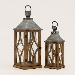 Vintage Farmhouse Wooden Candle <b>Lantern</b> <b>Set</b> of 2 Rustic Distressed Brown Decorative <b>Lantern</b> with Antique Metal Top for Home - Product Image 6
