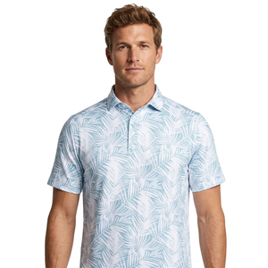 Men's Short Sleeve <b>Polo</b> <b>Shirt</b> Light <b>Blue</b> White Print Casual Breathable Woven 100% Polyester - Product Image 2