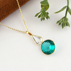 Double stone pendant <b>necklace</b> clear quartz with apatite quartz bezel set pendant 18k gold plated geometric style chain <b>necklace</b> - Product Image 2