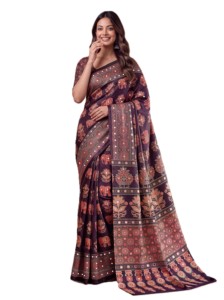 Purple Digital Print Ajrak <b>Saree</b> With <b>Red</b> Motifs For Women Traditional Indian Wedding Wear Silk Floor Length Sari - Product Image 2