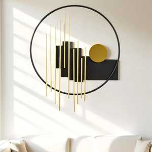 Décoration murale moderne en métal noir, sculpture géométrique abstraite à lignes, anneaux tourbillonnants, accents carrés, artisanat en fer à suspendre pour fond de canapé - Product Image 6