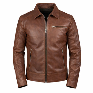 Men's <b>Brown</b> Genuine <b>Leather</b> Slim Fit Zip-Up Waterproof Breathable Eco-Friendly Moto <b>Jacket</b> Turn-Down Collar Regular Sleeve Solid - Product Image 1