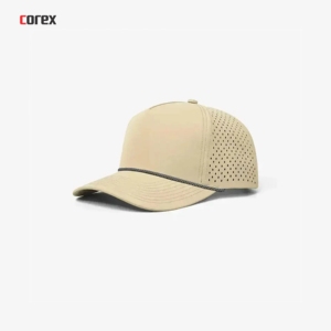Gorra de Golf Beige Personalizada con Logotipo Bordado a Mano, 5 Paneles, Unisex, Corte Láser, Perforada, Transpirable, Impermeable, de Lona, Cuerda y Poliéster - Product Image 1