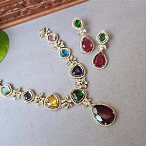 Victorian Bridal Jewelry Set-24K Gold & Rhodium Plated with American Diamond - Product Image 3