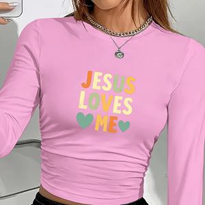 Camiseta de Punto de Manga Larga con Estampado de Jesús Me Ama, Estilo Y2K, Cuello Redondo, Manga Larga, Spandex, Poliéster, para Todas las Temporadas - Product Image 4