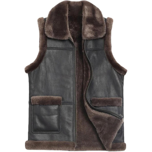 Chaleco de Cuero Genuino para Hombre, Forrado de Sherpa, Cuello Alto, Cierre de Cremallera, Estilo Motero, Ropa de Invierno - Product Image 5