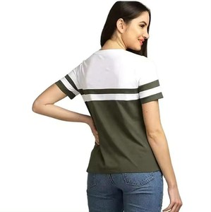 T-shirt à col rond à manches courtes pour femme, à rayures colorées, coupe classique, tricoté, décontracté, toutes saisons, vert et blanc, service OEM - Product Image 2