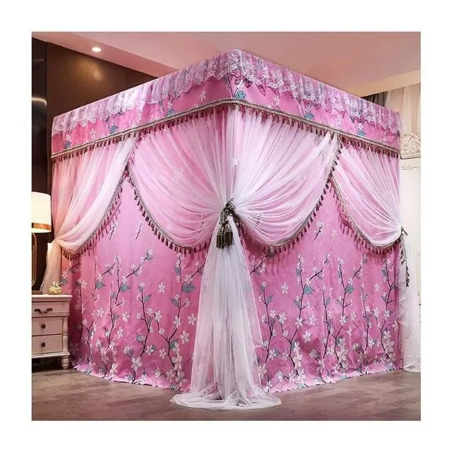 Korean New Arrivals 2024 Linen With Ruffles Elegant Bed Canopy Curtains With Ties Tap Top Full Set Mosquito Net Sheer Curtains