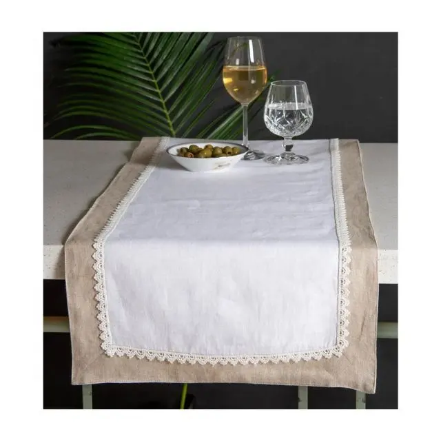Doble tono bordado de alta calidad personalizable cáñamo Jacquard empalme cama bandera toalla Hotel Lino camino de mesa comedor decoración del hogar