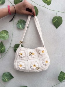 Bolso de Ganchillo Hecho a Mano para Playa, Bolsa de Hombro Cuadrada con Cierre a Presión Blanco, Estilo Bohemio, Estilo Vintage, Novedad - Product Image 3